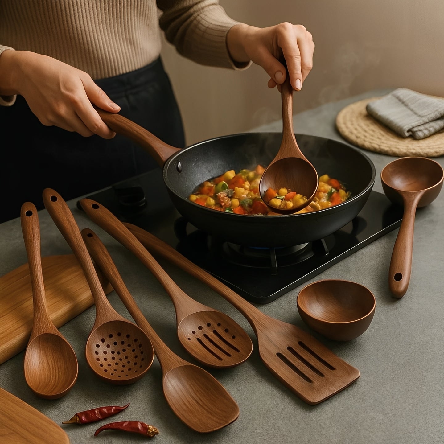 Teak Wood Kitchen Utensil Set with Ergonomic Handles