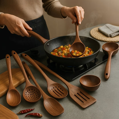 Teak Wood Kitchen Utensil Set with Ergonomic Handles