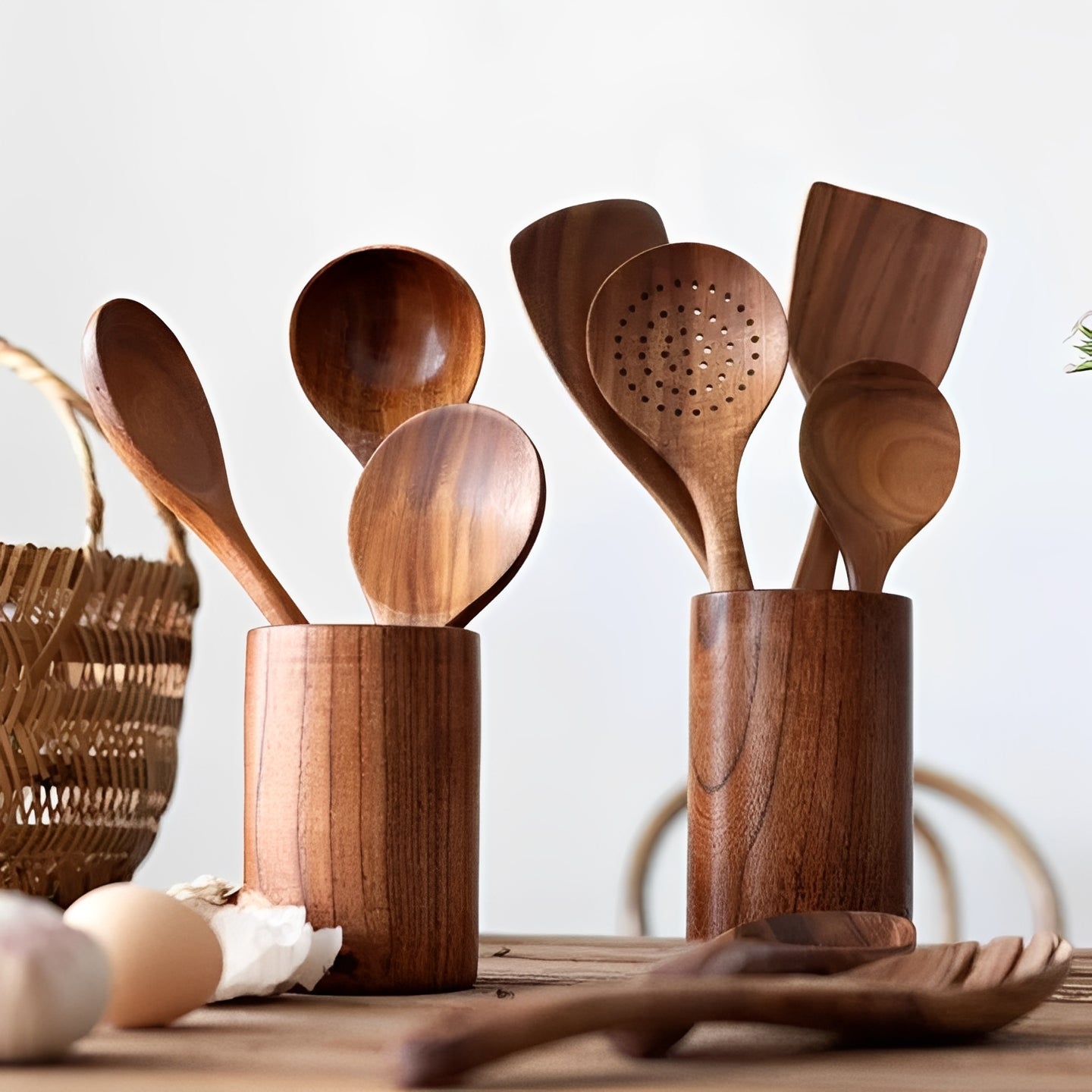 Teak Wood Kitchen Utensil Set with Ergonomic Handles