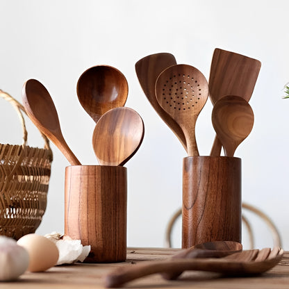 Teak Wood Kitchen Utensil Set with Ergonomic Handles