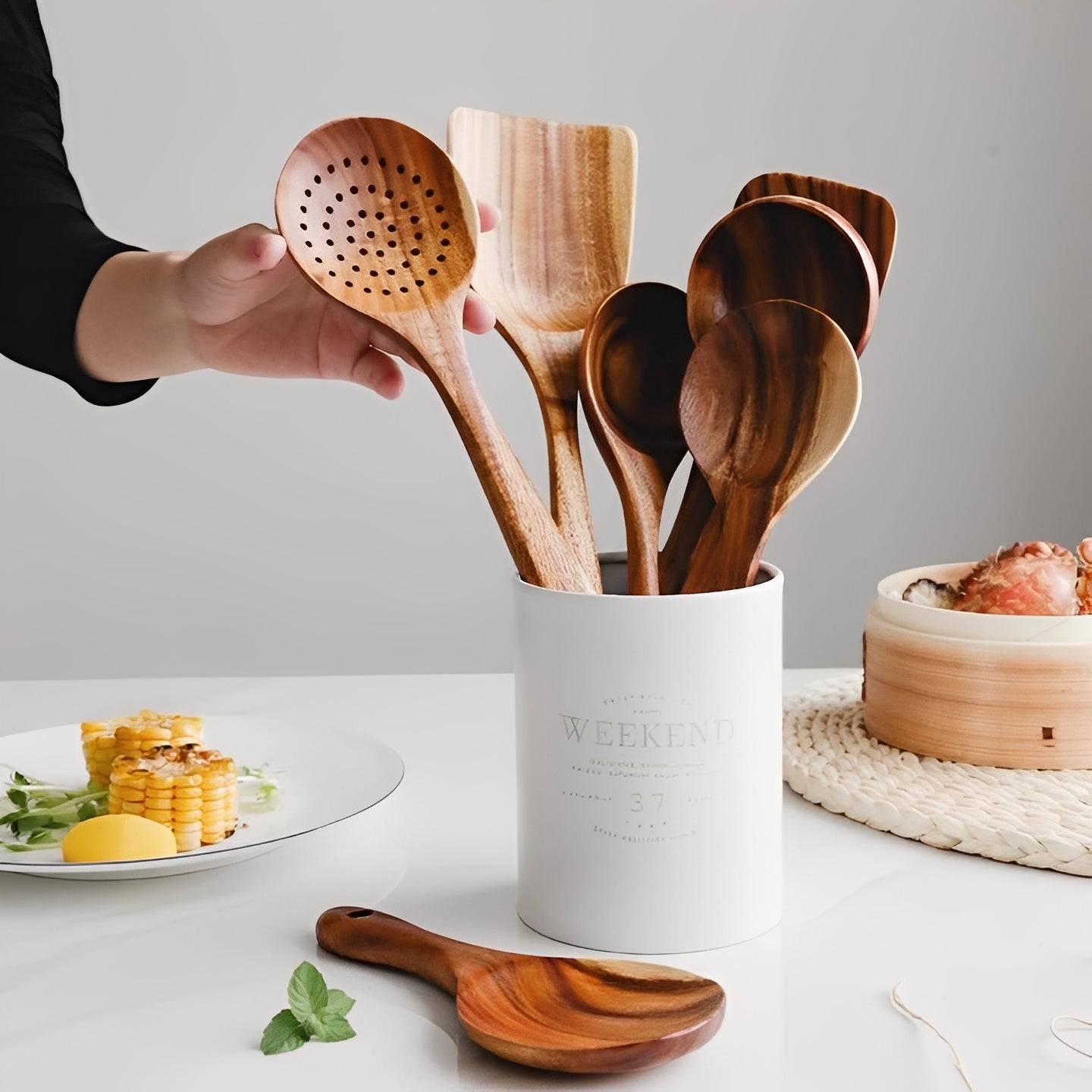 Teak Wood Kitchen Utensil Set with Ergonomic Handles