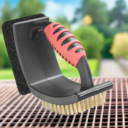 Brass Bristle Grill Brush with Integrated Scraper, 3 in 1 Cleaning Tool