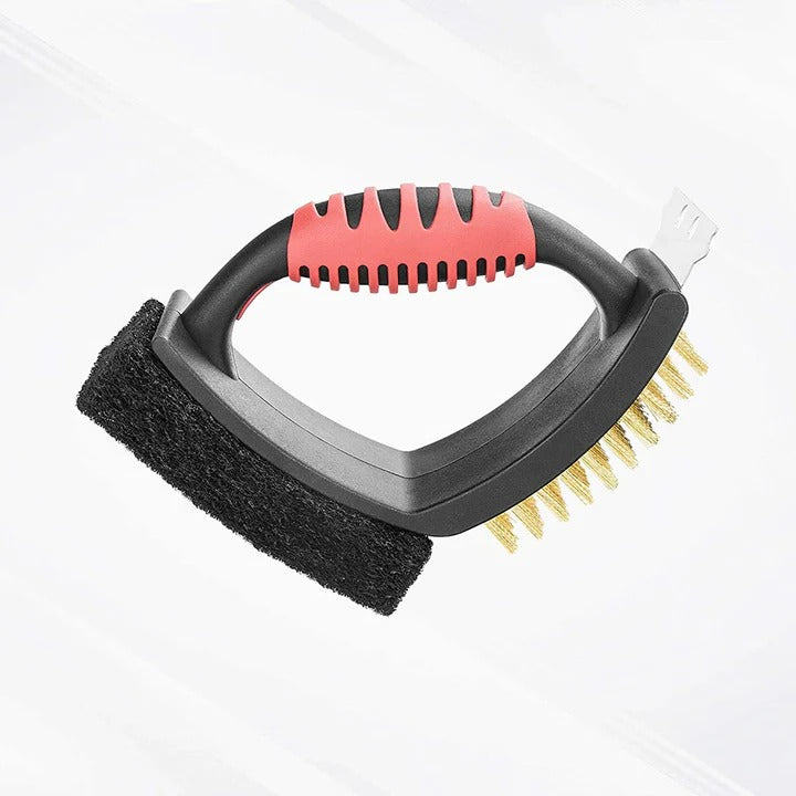 Brass Bristle Grill Brush with Integrated Scraper, 3 in 1 Cleaning Tool
