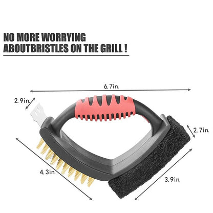 Brass Bristle Grill Brush with Integrated Scraper, 3 in 1 Cleaning Tool