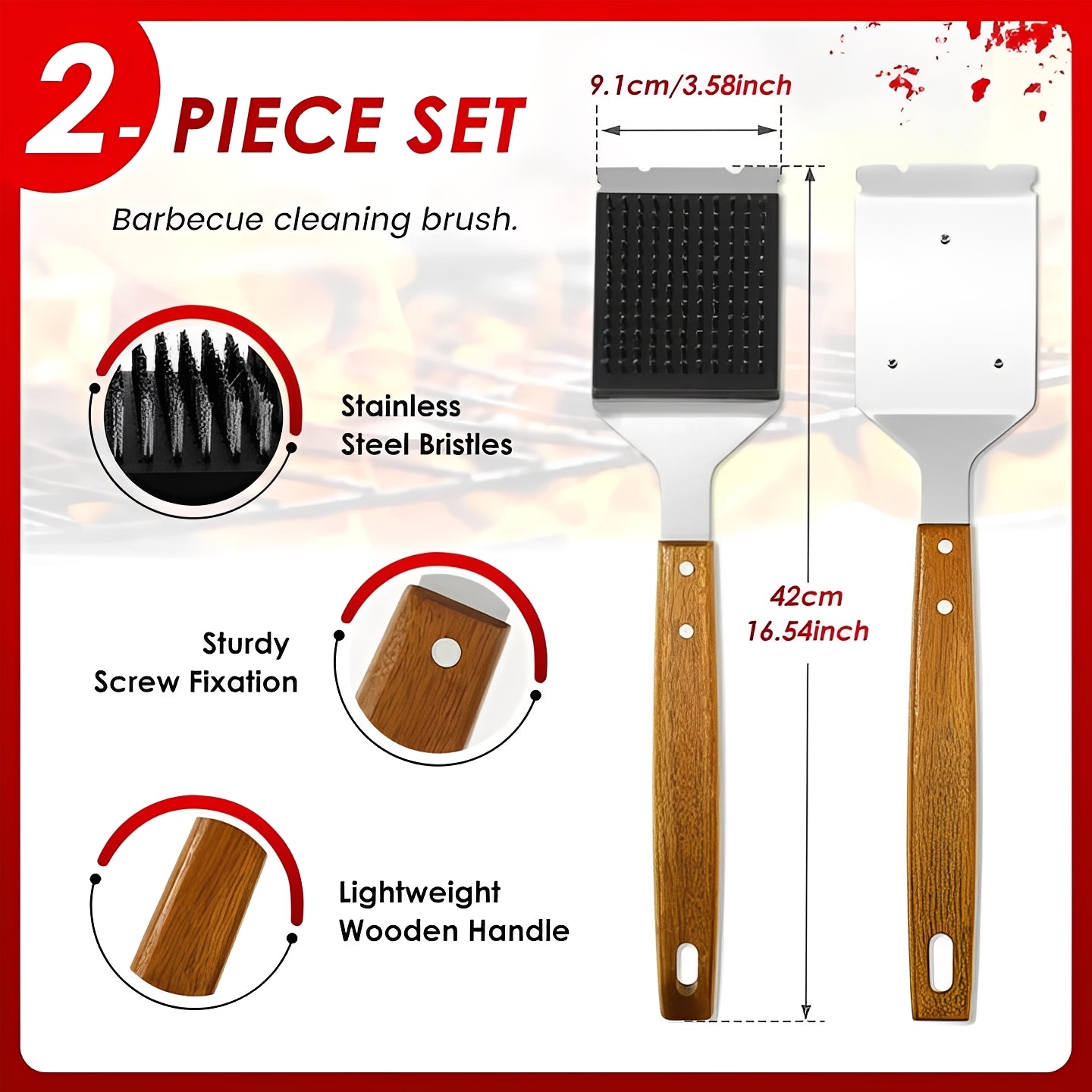 Long Handle BBQ Grill Cleaning Brush with Built In Scraper, 2 Pack