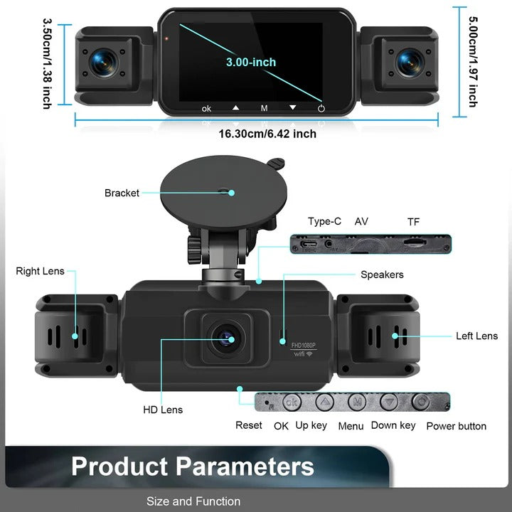 Dual Lens Dashboard Camera with Night Vision and Wi-Fi Connectivity