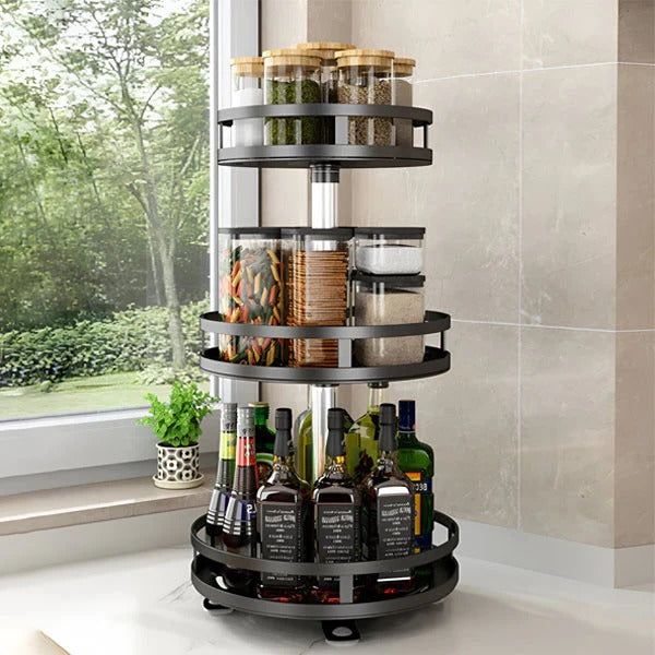 Triple Tier Swivel Metal Shelf with Rotating Base Organizer