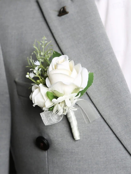 Artificial White Rose Wrist Corsage and Boutonniere Set for Weddings and Formal Events