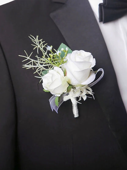 Artificial White Rose Wrist Corsage and Boutonniere Set for Weddings and Formal Events