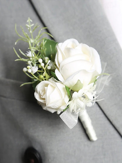 Artificial White Rose Wrist Corsage and Boutonniere Set for Weddings and Formal Events