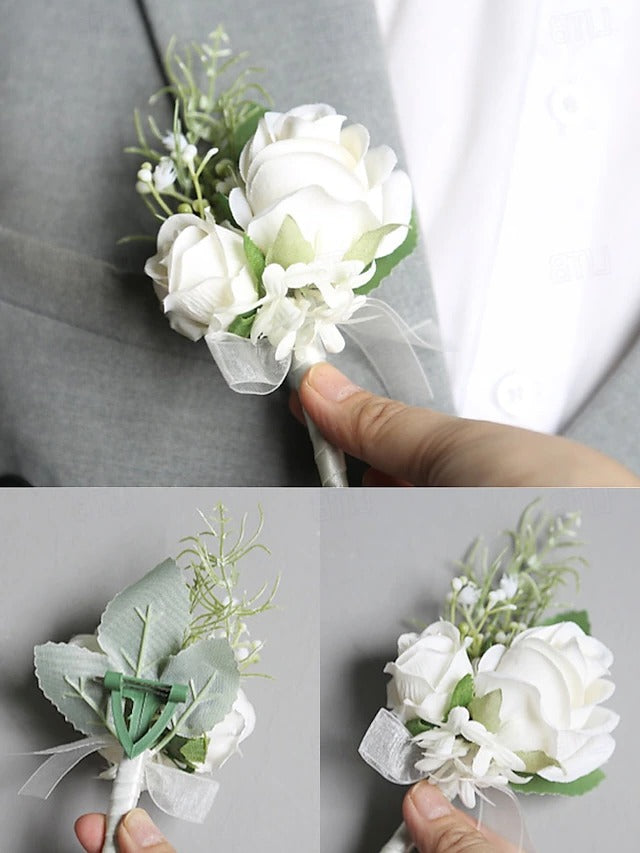 Artificial White Rose Wrist Corsage and Boutonniere Set for Weddings and Formal Events