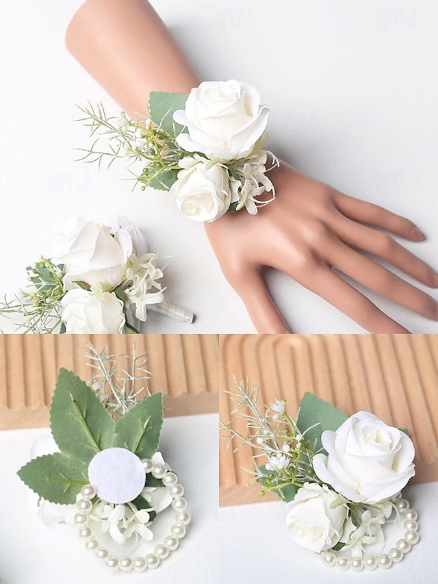 Artificial White Rose Wrist Corsage and Boutonniere Set for Weddings and Formal Events