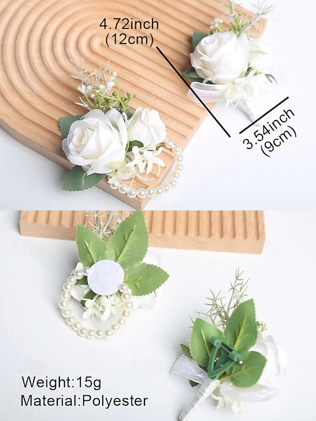 Artificial White Rose Wrist Corsage and Boutonniere Set for Weddings and Formal Events