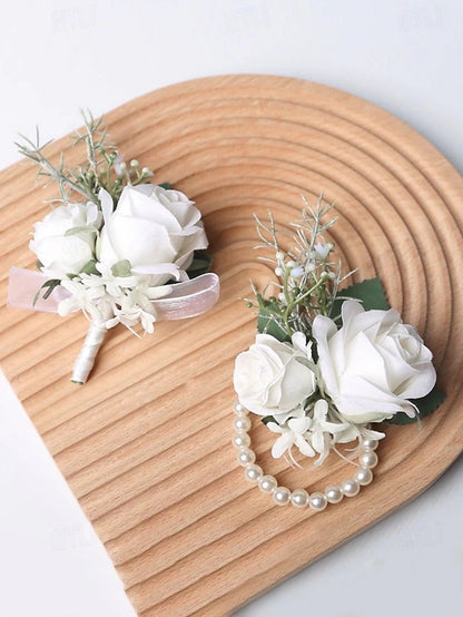 Artificial White Rose Wrist Corsage and Boutonniere Set for Weddings and Formal Events