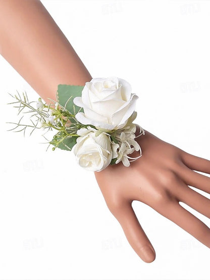 Artificial White Rose Wrist Corsage and Boutonniere Set for Weddings and Formal Events