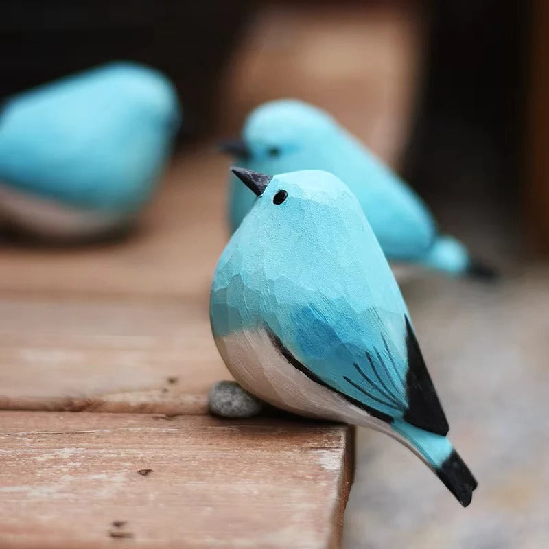 Blue Robin Bird Wooden Figurine for Home Display