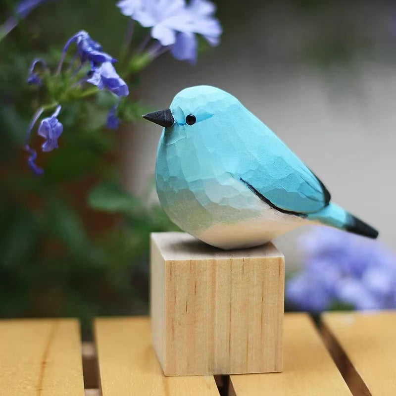 Blue Robin Bird Wooden Figurine for Home Display