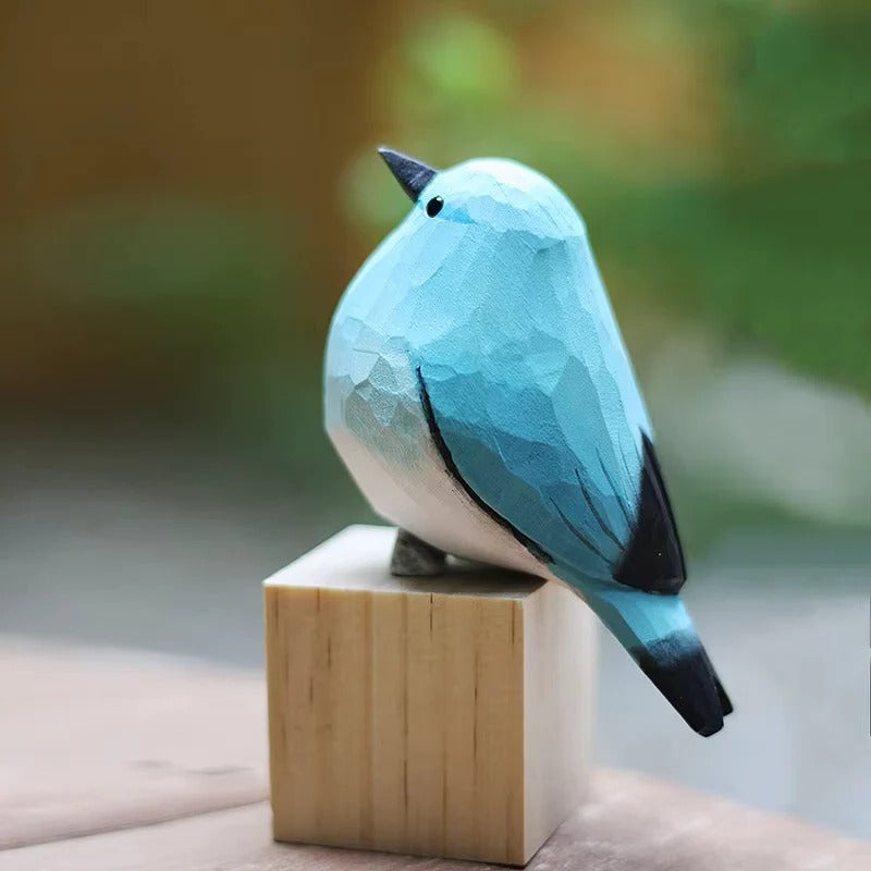 Blue Robin Bird Wooden Figurine for Home Display