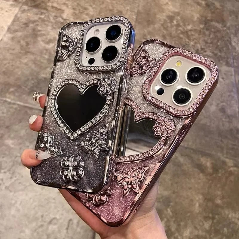 Sparkling Diamond Butterfly Design Reflective Phone Cover for iPhone