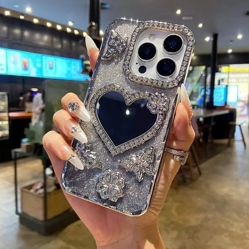 Sparkling Diamond Butterfly Design Reflective Phone Cover for iPhone