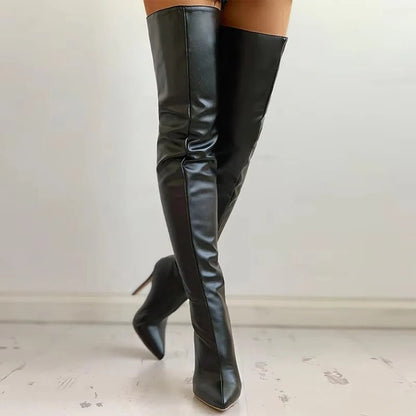 Thigh High Stiletto Boots with Pointed Toe and Synthetic Upper Style