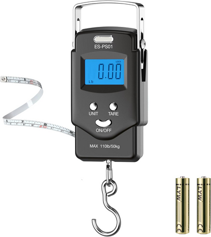Dr.meter Fish Scale Luggage Scale Fishing Gear - 110lb Backlit LCD Display Digital Scale with Built-in Measuring Tape - Fishing Scale with 2 AAA Batteries, Pocket Size - Fishing Gifts for Men allveramart