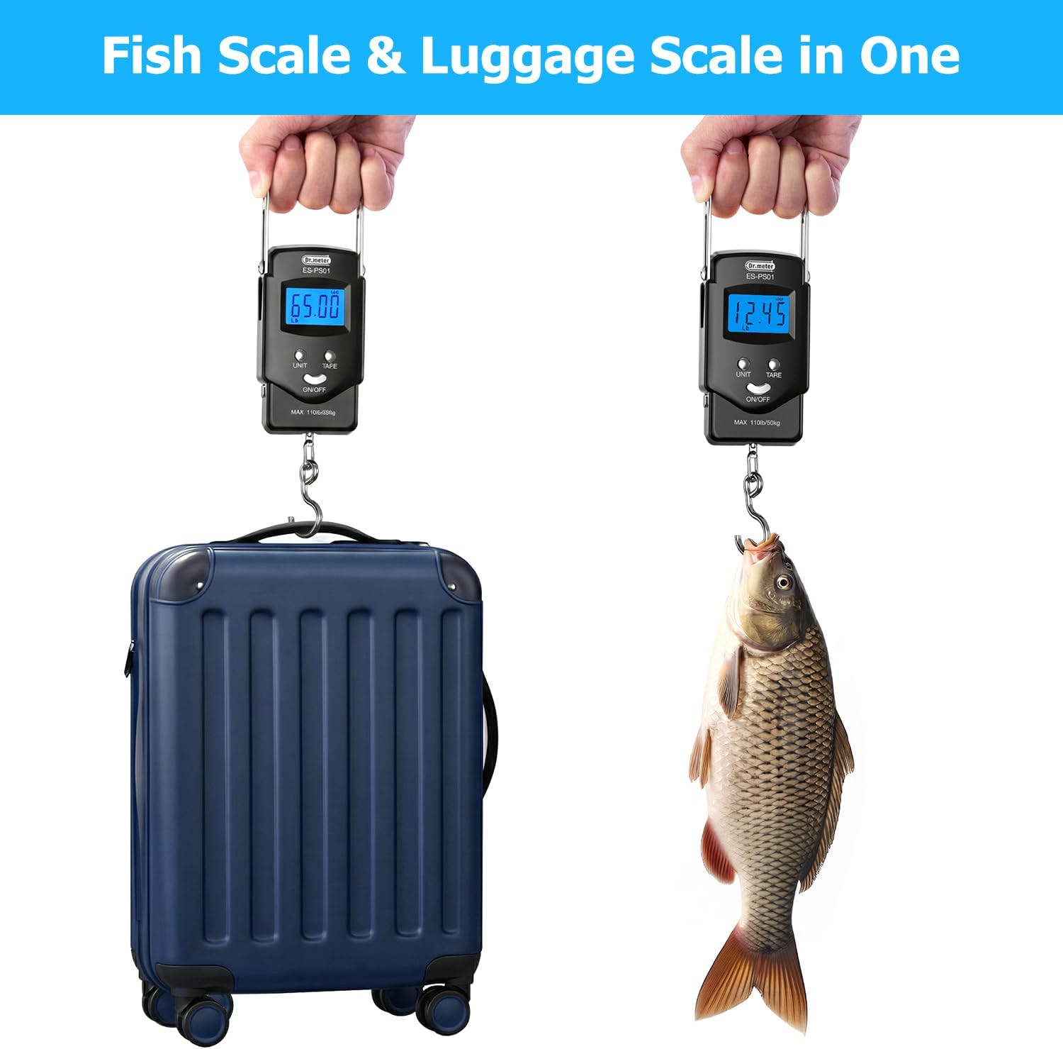 Dr.meter Fish Scale Luggage Scale Fishing Gear - 110lb Backlit LCD Display Digital Scale with Built-in Measuring Tape - Fishing Scale with 2 AAA Batteries, Pocket Size - Fishing Gifts for Men allveramart