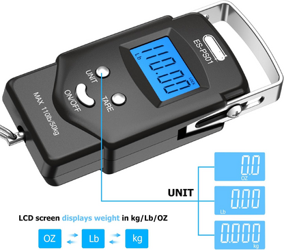 Dr.meter Fish Scale Luggage Scale Fishing Gear - 110lb Backlit LCD Display Digital Scale with Built-in Measuring Tape - Fishing Scale with 2 AAA Batteries, Pocket Size - Fishing Gifts for Men allveramart