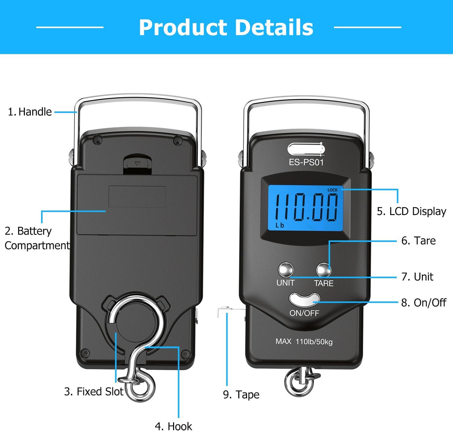 Dr.meter Fish Scale Luggage Scale Fishing Gear - 110lb Backlit LCD Display Digital Scale with Built-in Measuring Tape - Fishing Scale with 2 AAA Batteries, Pocket Size - Fishing Gifts for Men allveramart