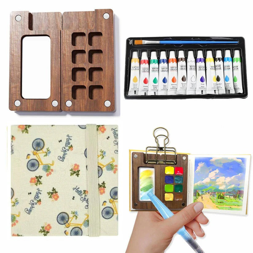 Portable Travel Watercolor Set with Mini Palette, Brush and Sketchbook