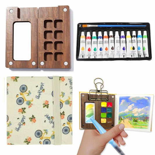 Portable Travel Watercolor Set with Mini Palette, Brush and Sketchbook