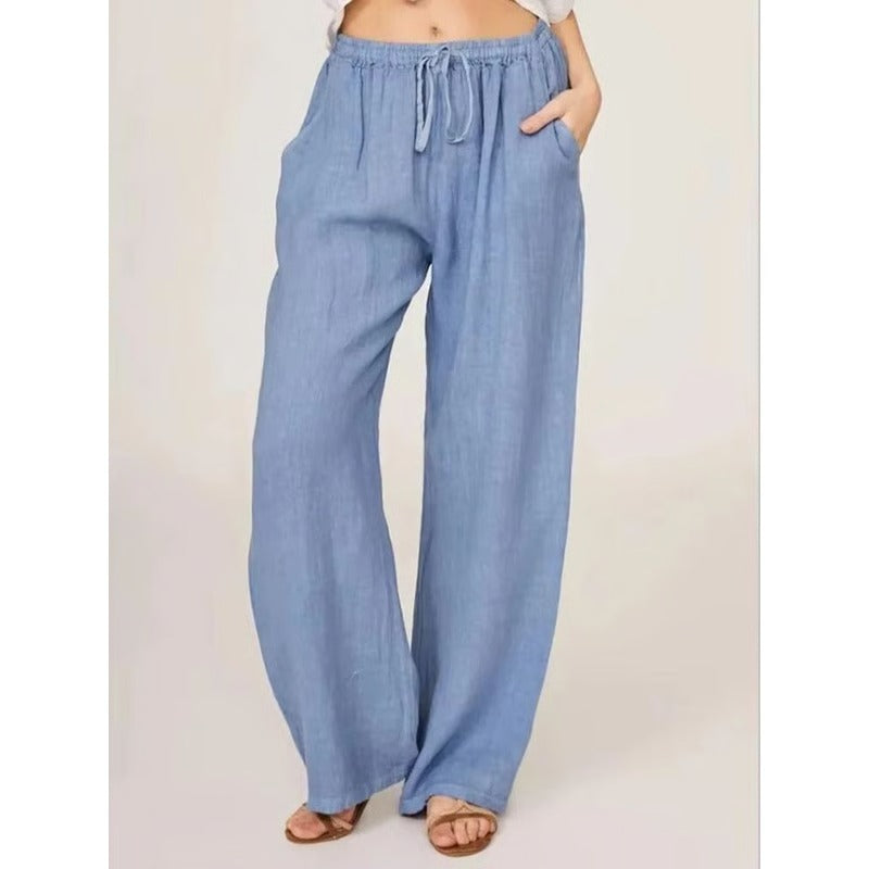 Cotton Linen Wide Leg Trousers with Elastic Waist and Pockets for Women