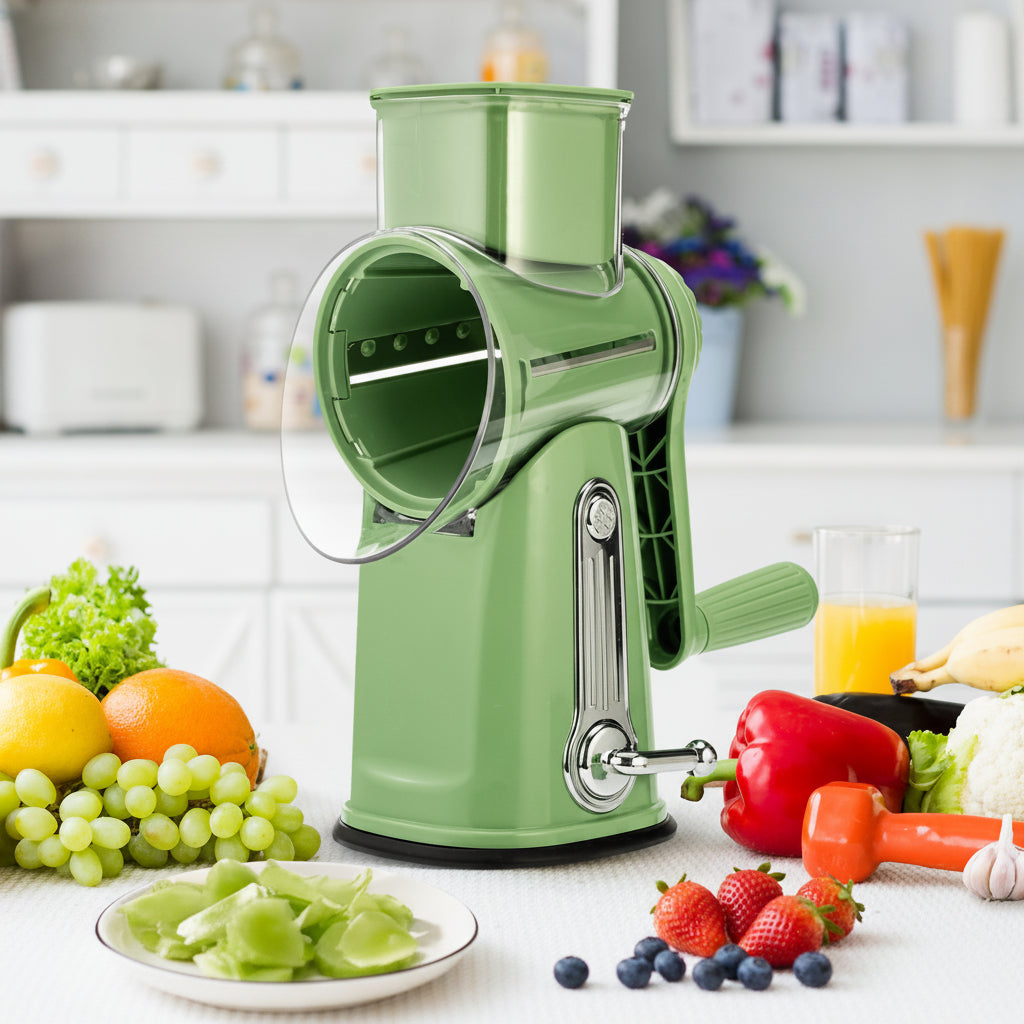 Rotary Grater with Five Interchangeable Blades and Suction Cup Base