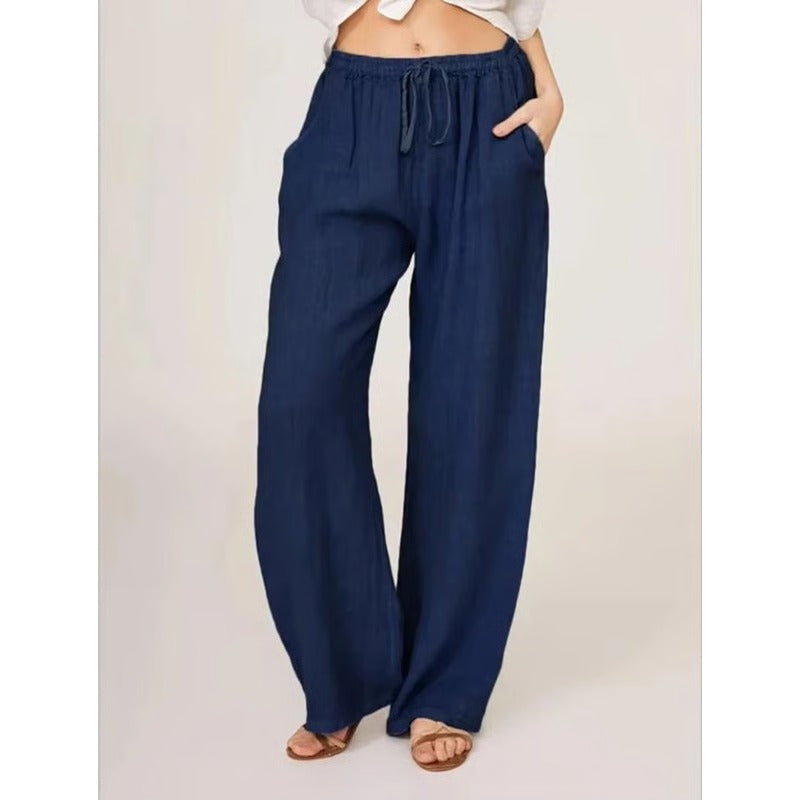 Cotton Linen Wide Leg Trousers with Elastic Waist and Pockets for Women