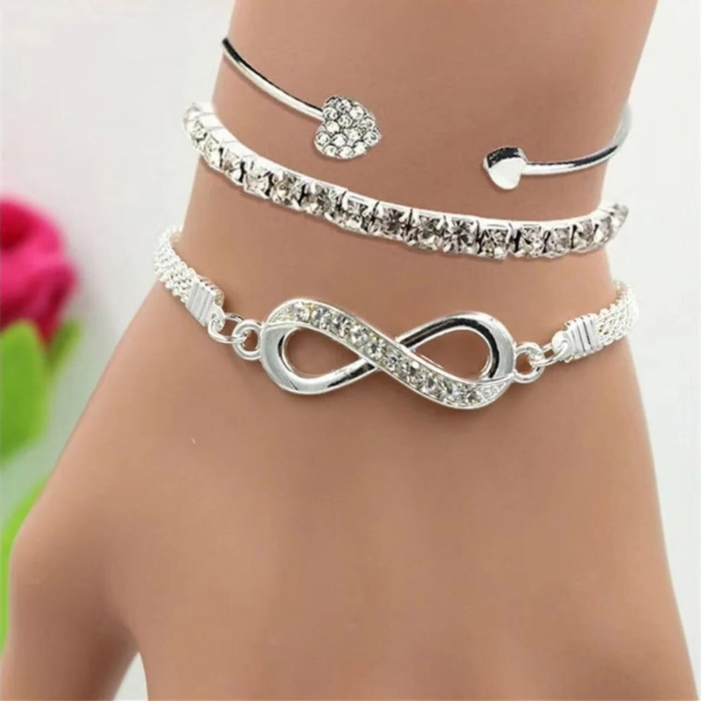 Rhinestone Heart and Infinity Bangle Bracelet Set, 3 Piece
