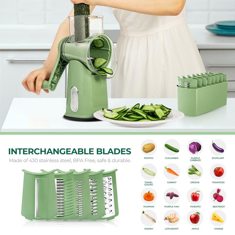 Rotary Grater with Five Interchangeable Blades and Suction Cup Base