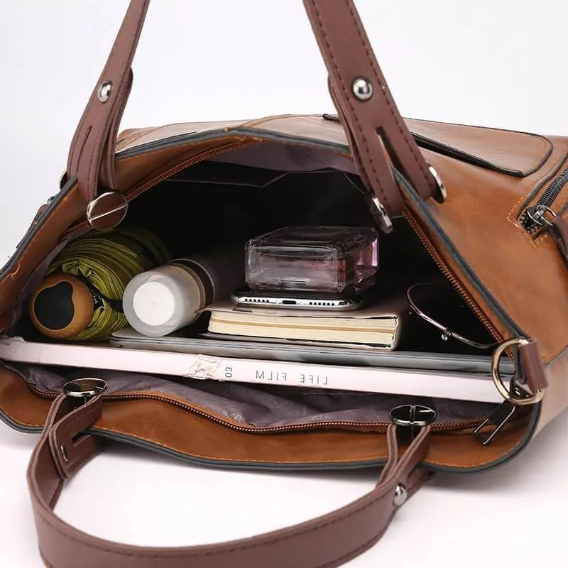 Zippered Leather Handbag with Roomy Interior and Multiple Compartments in 3 Colors