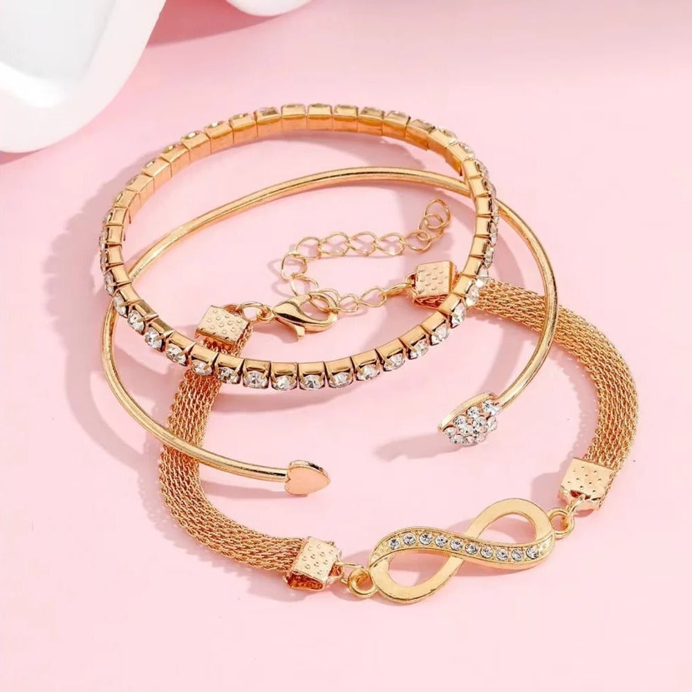Rhinestone Heart and Infinity Bangle Bracelet Set, 3 Piece