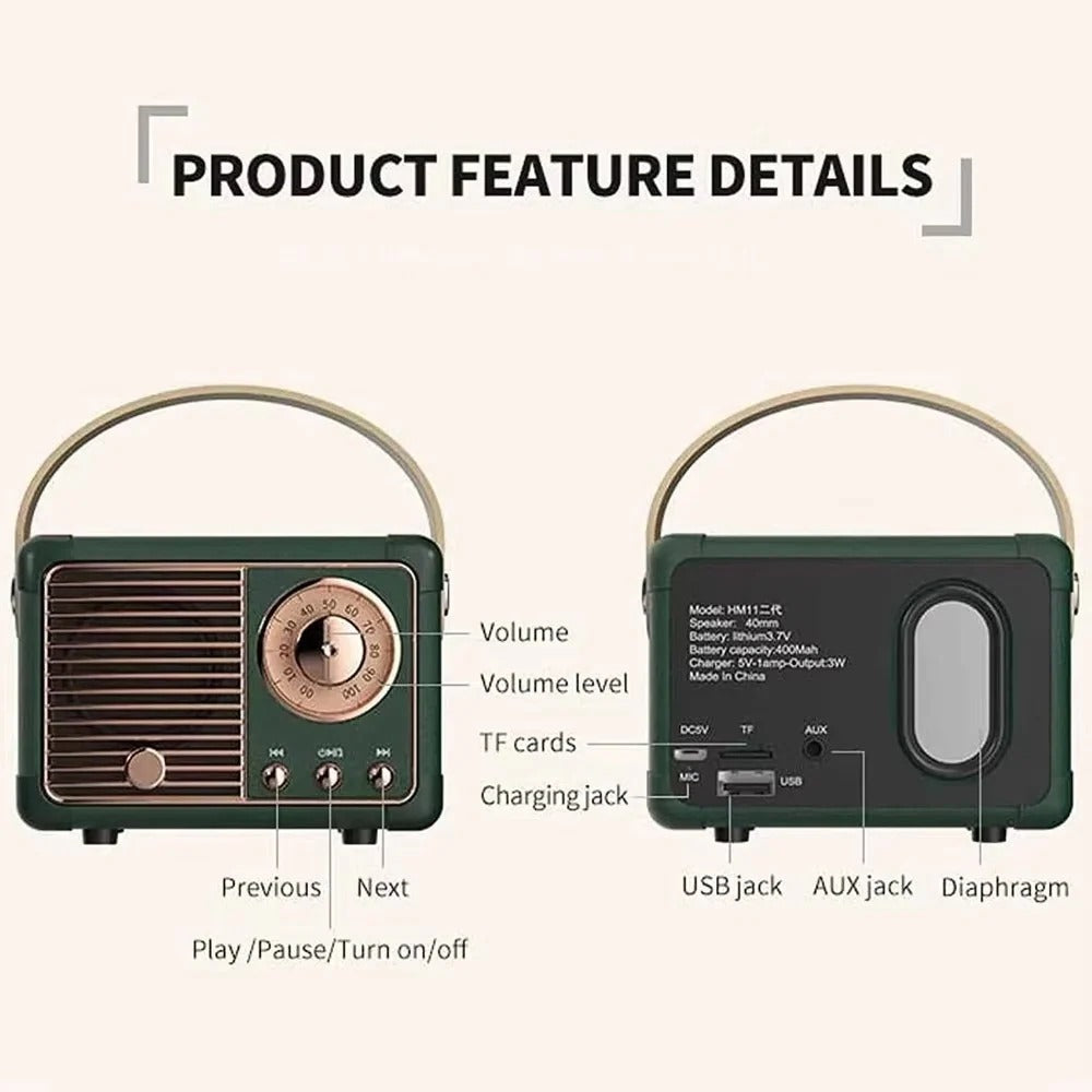 Retro Design Portable Bluetooth Speaker with Built In Bass Driver