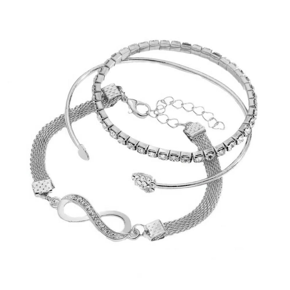 Rhinestone Heart and Infinity Bangle Bracelet Set, 3 Piece