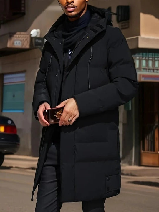 Mens Long Winter Jacket with Adjustable Hood and Multiple Exterior Pockets