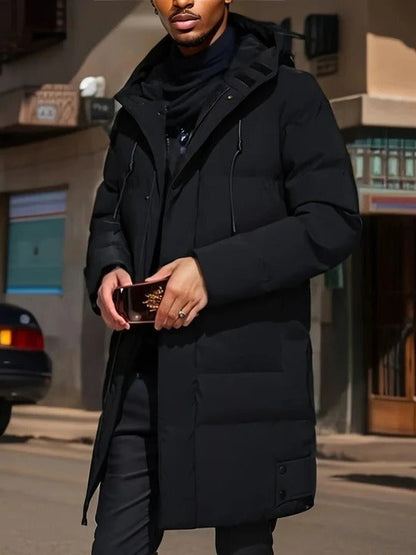 Mens Long Winter Jacket with Adjustable Hood and Multiple Exterior Pockets