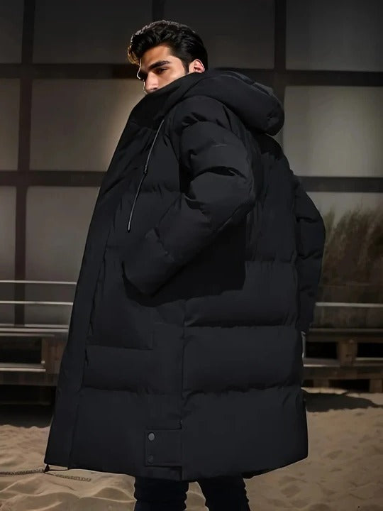 Mens Long Winter Jacket with Adjustable Hood and Multiple Exterior Pockets