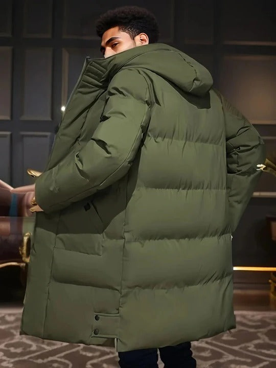 Mens Long Winter Jacket with Adjustable Hood and Multiple Exterior Pockets