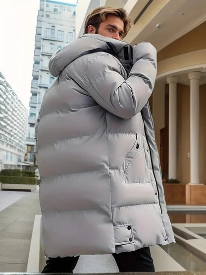 Mens Long Winter Jacket with Adjustable Hood and Multiple Exterior Pockets