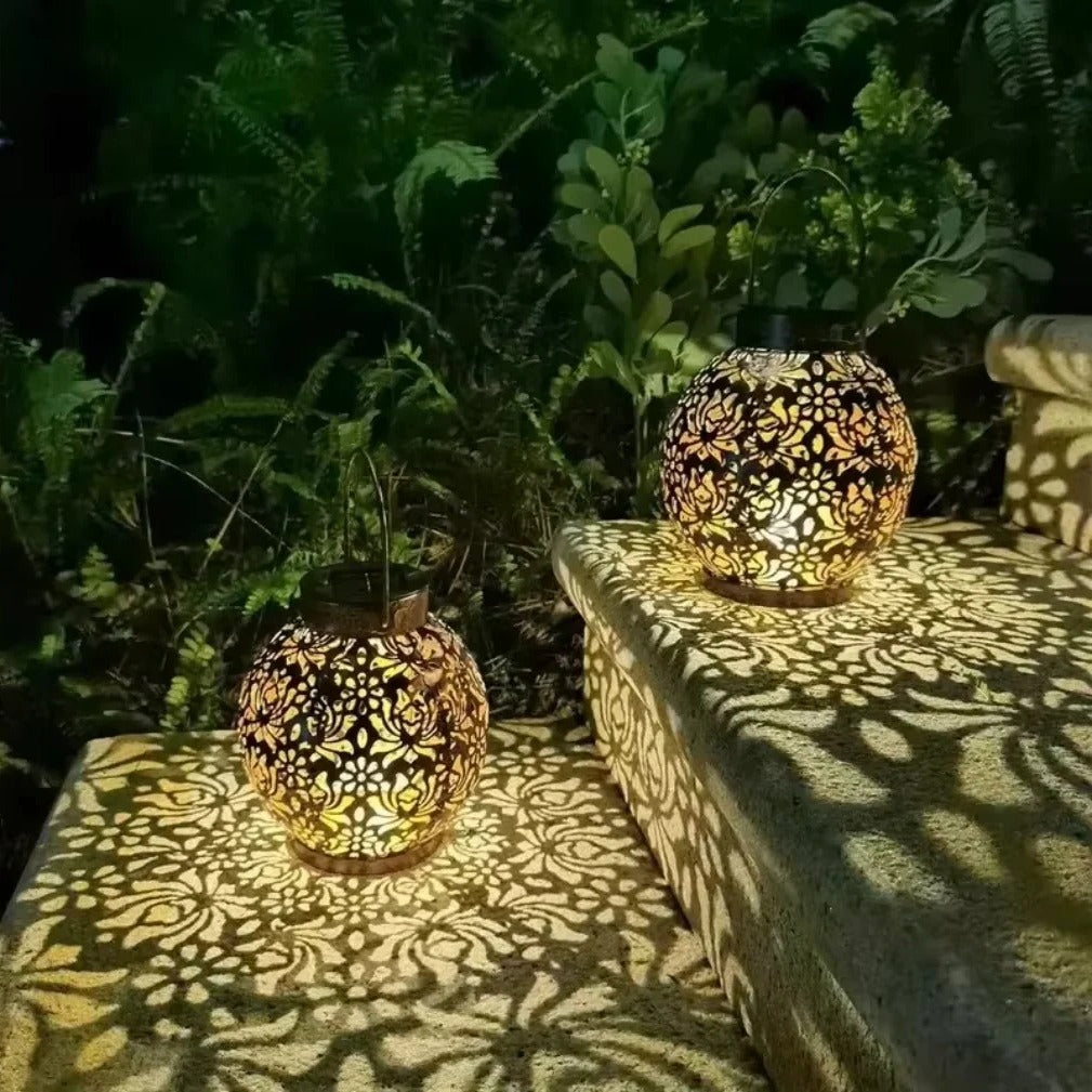 Solar LED Lantern - Wrought Iron Hollow Design for Outdoor Decor