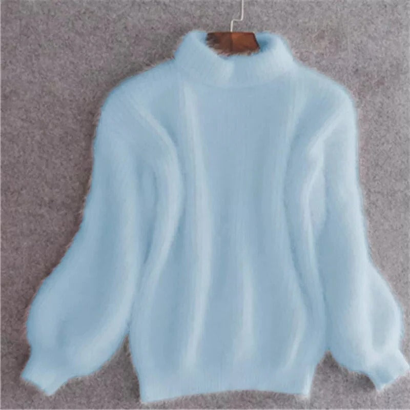 Womens Fuzzy Mock Neck Sweater with Balloon Sleeves and Oversized Fit, Solid Colors
