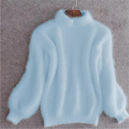 Womens Fuzzy Mock Neck Sweater with Balloon Sleeves and Oversized Fit, Solid Colors