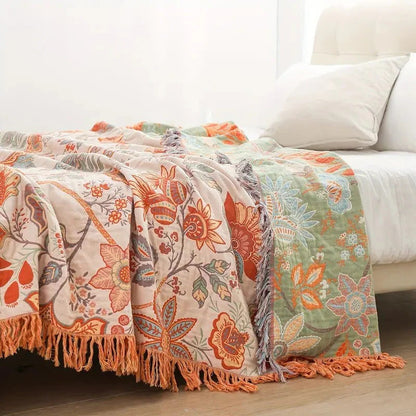 Cotton Floral Throw Blanket with Boho Fringe Design