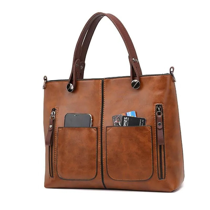Zippered Leather Handbag with Roomy Interior and Multiple Compartments in 3 Colors